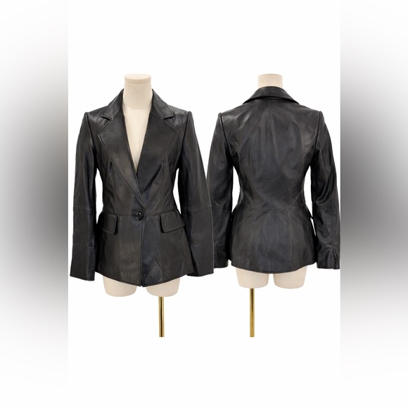 Ellen Tracy Genuine Black Leather Blazer Jacket Tailored Fit Single Button SZ 2 - Picture 2 of 14
